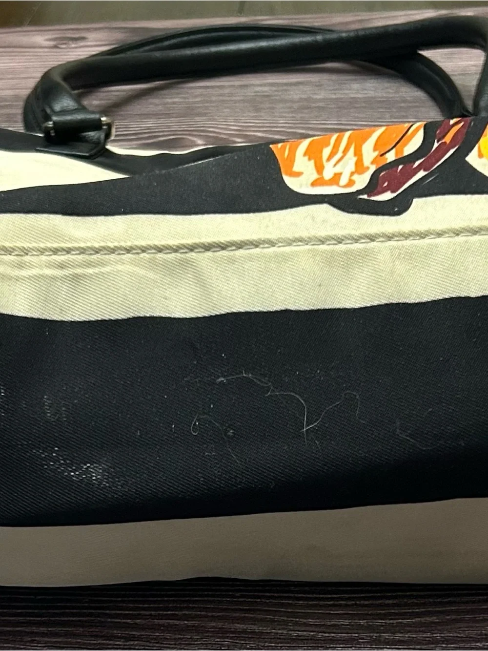 Source Unknown Black and Cream Striped Tote with Orange Floral Accent